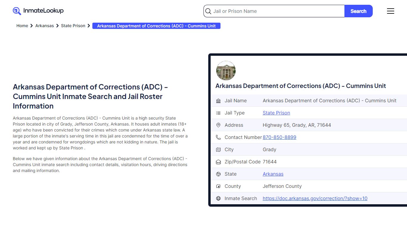 Arkansas Department of Corrections (ADC) - Cummins Unit Inmate Search ...